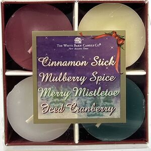 4 White Barn Candle Votive Christmas Winter Garden Cinnamon Spice Cran Mulberry
